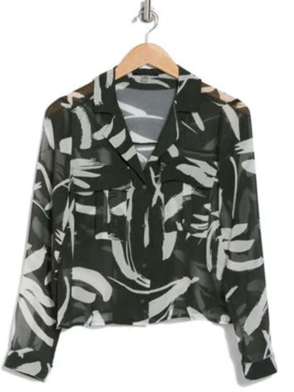 T by Tahari S sheer blouse in Jungle dark green with ivory brush strokes/cropped